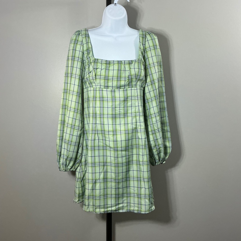 Princess Polly Hastings Long Sleeve Mini Dress Green Check Plaid Square Neck 4